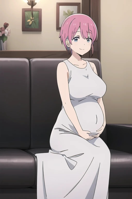(Highly detailed CG Unity 8k wallpaper),(masterpiece),(highest quality),(Super detailed),(Best illustrations),(Best Shadow),(Absurd), Michiyo, One girl, One big guy, Pink Hair, Sitting, sofa, smile, shirt, Open your mouth,(Sleeveless maxi dress), short hair, indoor, Place your hand on your stomach、(Huge breasts:2.5)、Milk tent、From the side:0.7、Pregnant women、
