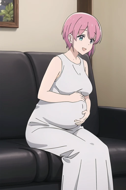 (Highly detailed CG Unity 8k wallpaper),(masterpiece),(highest quality),(Super detailed),(Best illustrations),(Best Shadow),(Absurd),   Michiyo, One girl, One big guy, Pink Hair, Sitting, sofa, smile, shirt, Open your mouth,（Sleeveless maxi dress）, short hair, indoor, Place your hand on your stomach、（Huge breasts:2.5）、Milk tent、From the side:0.7、Pregnant women、