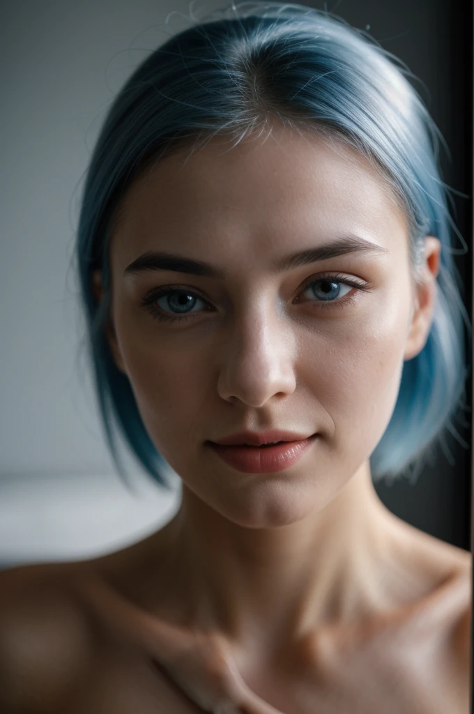 1 girl, blue hair, naked body, pubic hair, good natural lighting, intricate details, hyper realistic, photorealistic, porcelain skin, beautiful detailed eyes, beautiful detailed lips, extremely detailed face, long eyelashes, elegant pose, subtle smile, soft lighting, natural skin texture, depth of field, high quality, 8k, masterpiece