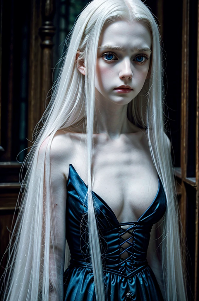 A woman with long white hair and blue eyes ,pale skin,expression of sadness ,black victorian dress ,open neckline,long breasts,in a dark horror environment