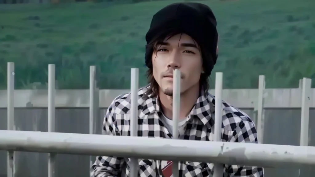 A man in a plaid shirt standing behind a fence, still from a music video, youtube video screenshot, high resolution, screenshot from a movie, High definition, music video, UHD, High quality, ultra sharp image