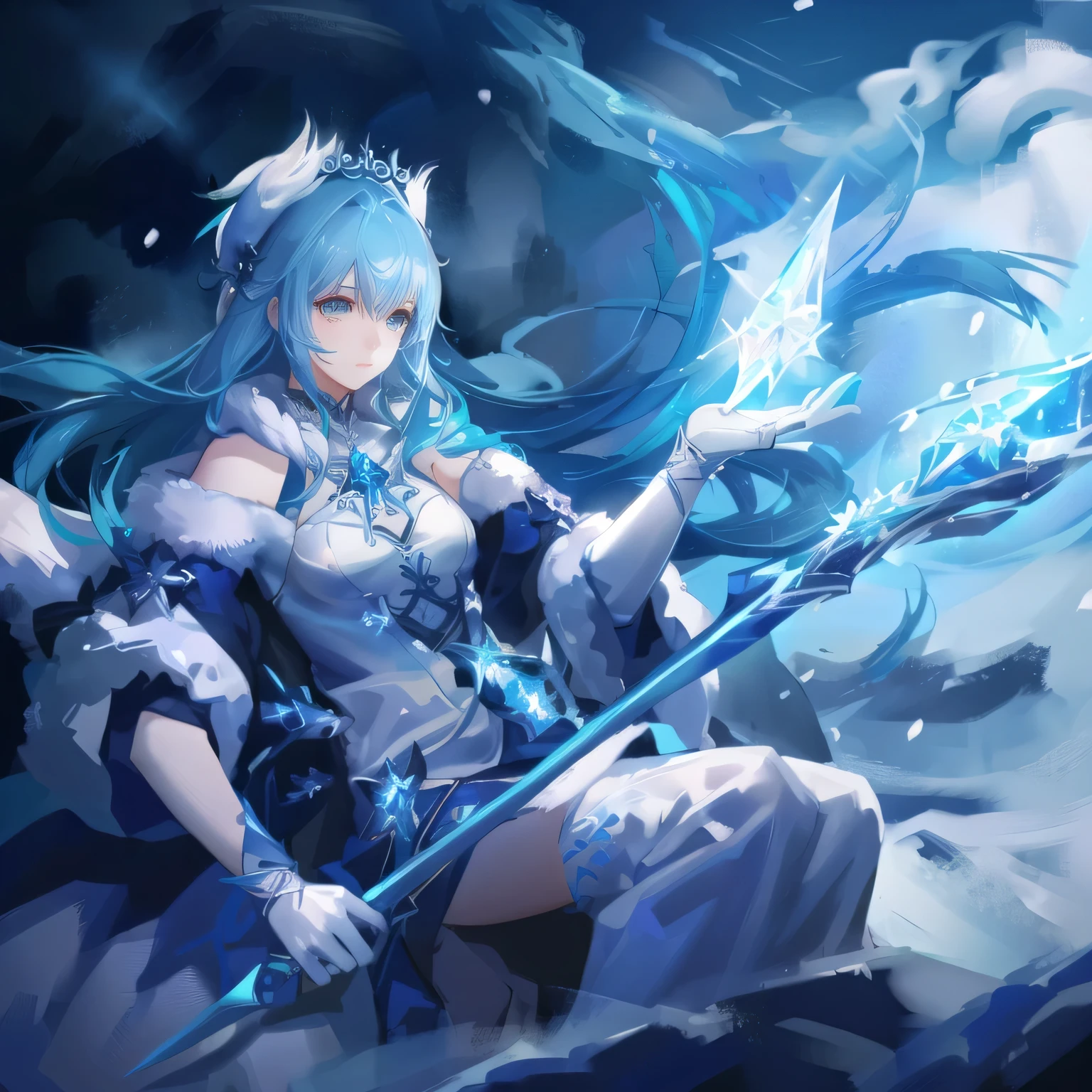 Anime girl with blue hair and holding a sword in the snow, Ice Witch, Atjem lau, extremely detailed Atjem, Atjem on artstation pixiv, IG model | Atjem, goddess of winter, ! dream Atjem, style Atjem, Ice Mage, Frozen blue skin, Atjem style