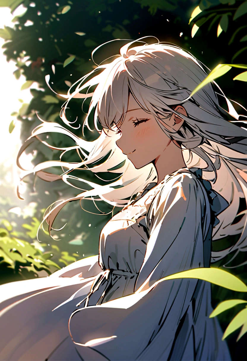 A beautiful girl with short white hair wearing a beautiful dress the flows in the wind,her eyes closed as she smiles happily,the wind hitting her hair,side view,3/4 view