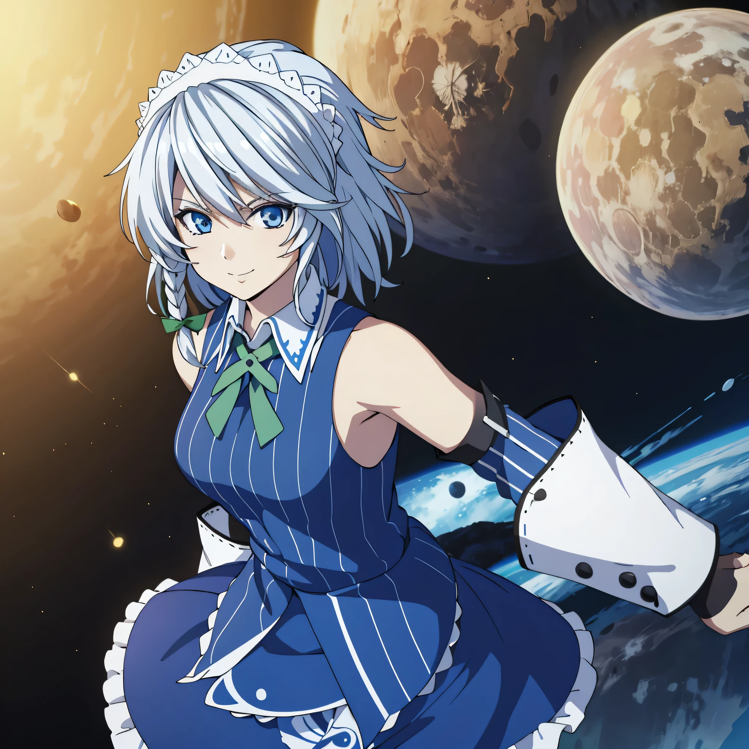 (high-quality, breathtaking),(expressive eyes, perfect face) 1female, female, solo, smiling, warm soft smile, , Venus planet, space background, portrait, upper body, magic, , sakuya izayoi, silver hair, maid dress, white apron, very short skirt, sexy pose,, sleeveless outfit, detailed face, detailed eyes, fresh blue eyes, big green ribbons, blue outfit, small-to-medium breasts, white hair, bowtie girl, white maid headband, close up, upper body