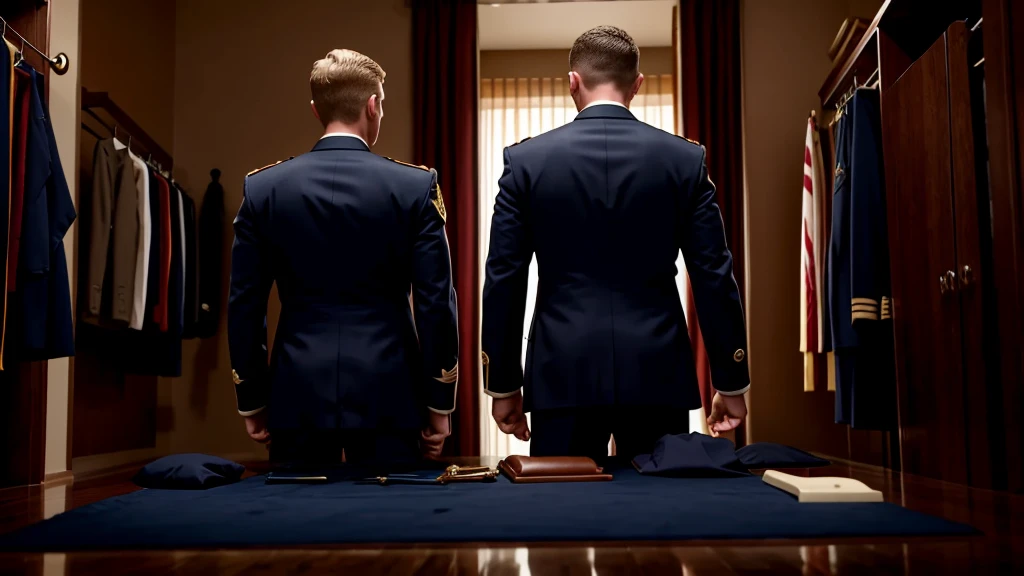 A handsome blond guy, 17 years old, looks at the ceremonial officer's uniform of a "Navy Seal" with awards, which hangs on a suit hanger standing on the floor, and engages in masturbation. Watching him from behind is a naked, blond, muscular Navy SEAL officer, 35 years old, handsome and arrogant. The officer has a big dick, an erection, and a boner.