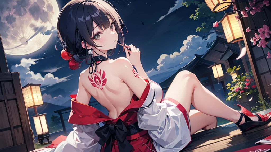 Woman sitting with her back turned,Japanese style tattoo on the back,Fluttering back,Take off your clothes,night,full moon,cool,