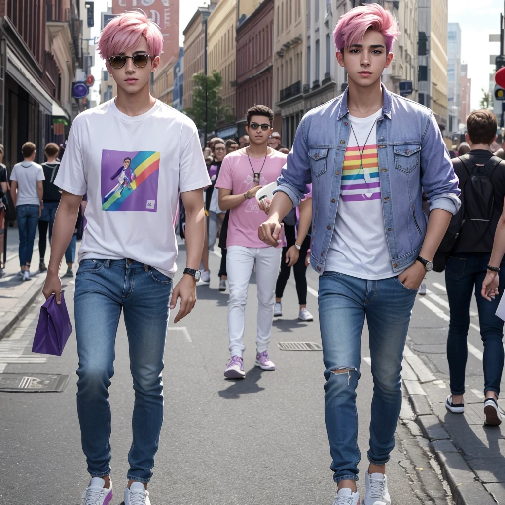 (Masterpiece)), ((Best quality)), high resolution, 8K, (ultra realistic), (photo realistic), (Instagram template, elegant) 20 year old boy, cute boy, pretty face, alone boy, a boy, pink hair, short hair, dressed in a purple t-shirt and a white jean jacket, blue jean pants, white tennis shoes, has on in his hand a colorful flag, lgbt flag, pride flag, the boy walks down the street and in the background there are many people celebrating pride