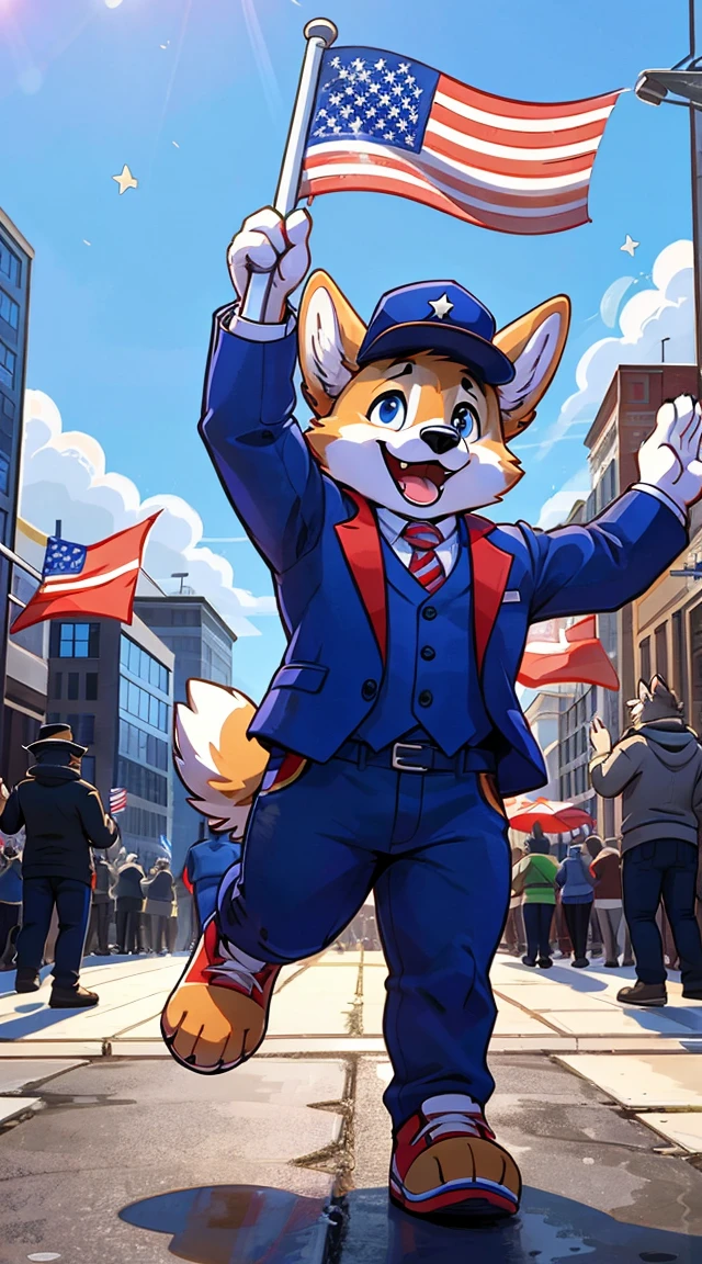 a full body, anthropomorphic In the center of a white background, a cartoon Corgi dog is joyfully waving an American flag. The corgi is anthropomorphized with arms and legs, standing on its hind legs to hold the flag aloft. It's wearing a blue jacket adorned with red stripes and stars, paired with white pants and a matching hat. Its eyes are wide open in excitement, and it seems to be in mid-stride, as if caught in a playful run. The image captures a moment of celebration or patriotism, embodied by the cheerful Canine. with a city in the distance