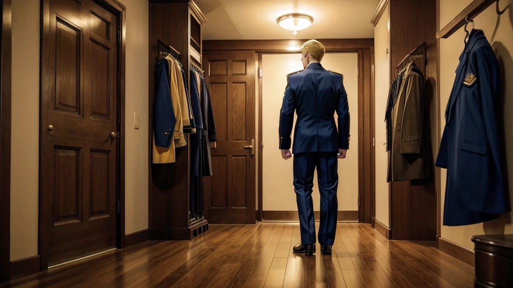 A handsome blond guy, 17 years old, looks at the ceremonial officer's uniform of a "Navy Seal" with awards, which hangs on a suit hanger standing on the floor, and engages in masturbation. Watching him from behind is a naked, blond, muscular Navy SEAL officer, 35 years old, handsome and arrogant. The officer has a big dick, an erection, and a boner.