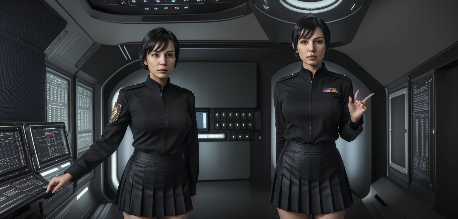 (highest resolution, distinct_image), best quality, masterpiece, highly detailed, semi realistic, a woman with short black hair, mature woman, triple bangs, black uniform, black pleated skirt, military uniform, spaceship space, control room, commander