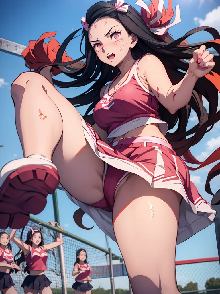 Nezuko, 1girl, as a cheerleader, wearing a cheerleader outfit, at a playground, 8k, high detailed, high quality