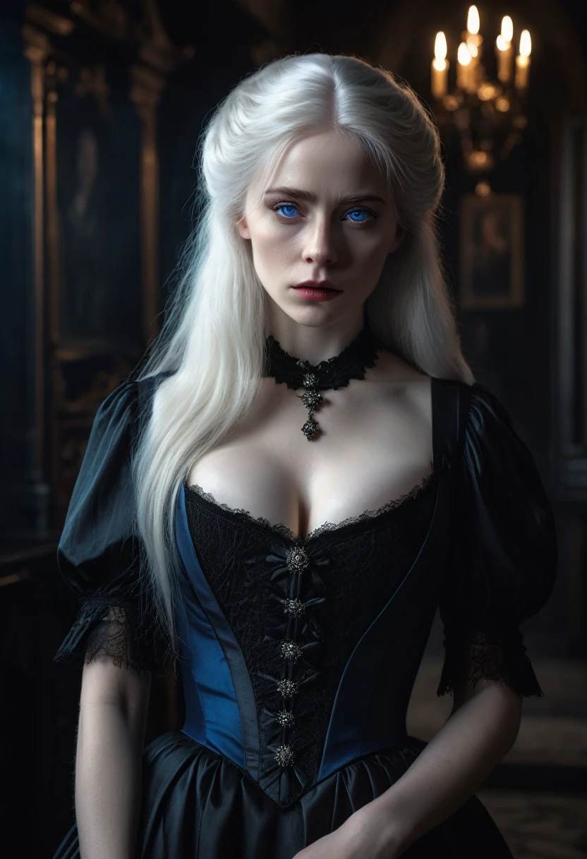 a woman with long white hair and blue eyes, pale skin, a sad expression, wearing a black Victorian dress with an open neckline, long breasts, in a dark, horror environment, (best quality,4k,8k,highres,masterpiece:1.2),ultra-detailed,(realistic,photorealistic,photo-realistic:1.37),intricate details,moody lighting,dramatic shadows,gothic,dark fantasy,dramatic lighting,dramatic atmosphere,chiaroscuro,dark aesthetic