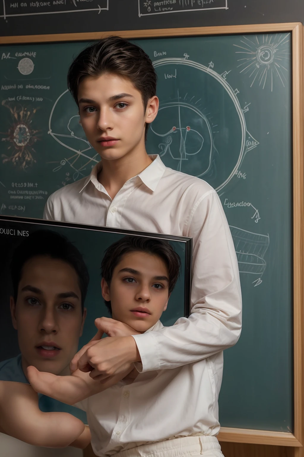 A beautiful young man, a cute male twink, with black hair, a face with reddish make-up, wearing a bright white long-sleeved shirt and aqua blue pants. He is in his office, and behind him is a blackboard on which is written the shape of the brain and its anatomy, and nuclear energy emerges from it.