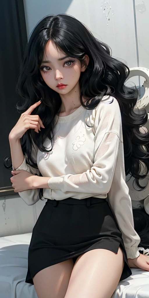 create an image like a drawing from a somewhat realistic anime manga the following is a girl with completely black hair, curly medium wavy, with white half yellow skin, completely black eyes, without irises or pupils and with lenses,rude and threatening tired look, Latina girl 