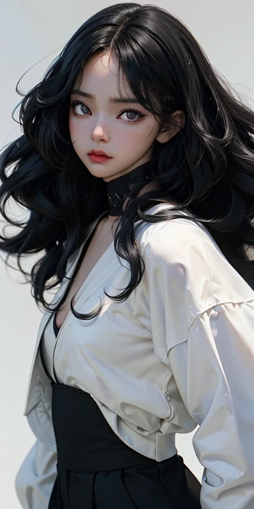 create an image like a drawing from a somewhat realistic anime manga the following is a girl with completely black hair, curly medium wavy, with white half yellow skin, completely black eyes, without irises or pupils and with lenses,rude and threatening tired look, Latina girl