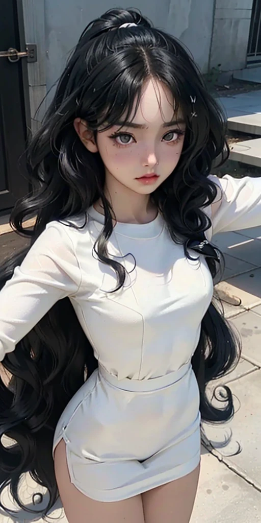 create an image like a drawing from a somewhat realistic anime manga the following is a girl with completely black hair, curly medium wavy, with white half yellow skin, completely black eyes, without irises or pupils and with lenses,rude and threatening tired look, Latina girl 