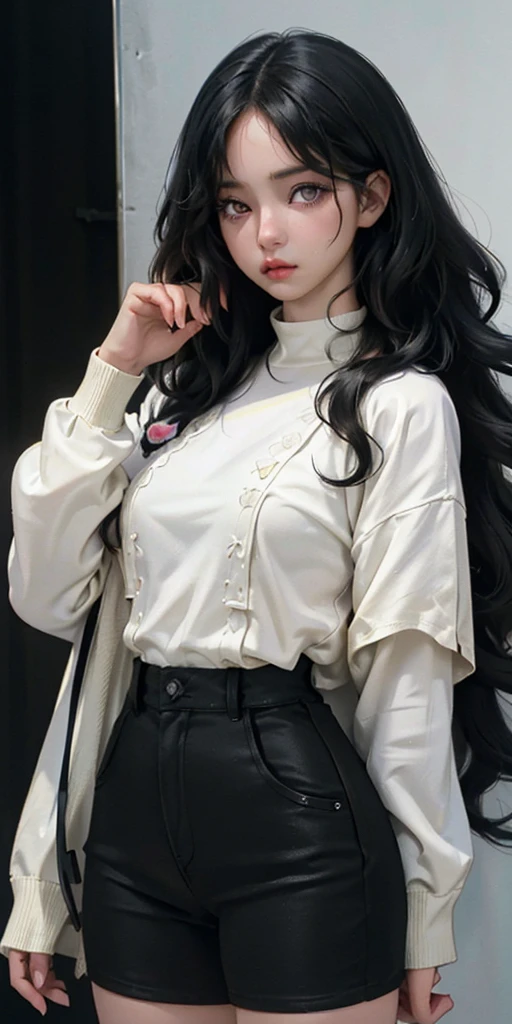 create an image like a drawing from a somewhat realistic anime manga the following is a girl with completely black hair, curly medium wavy, with white half yellow skin, completely black eyes, without irises or pupils and with lenses,rude and threatening tired look, Latina girl