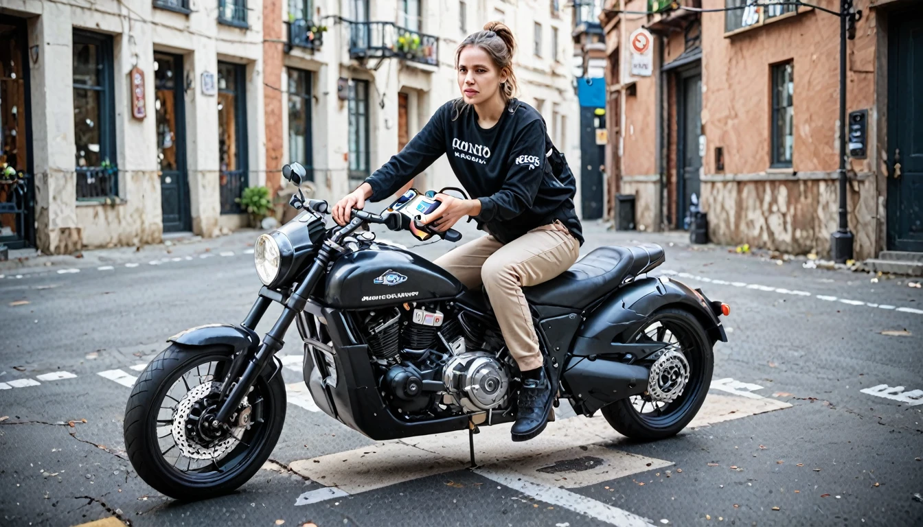 Highest image quality, outstanding details, ultra-high resolution, (realism: 1.4), the best illustration, favor details, highly condensed,girl,with a delicate and beautiful face, dressed in a black,, holding a directional controller, riding on a motorcycle, the background is a high-tech lighting scene of the future city. INFO