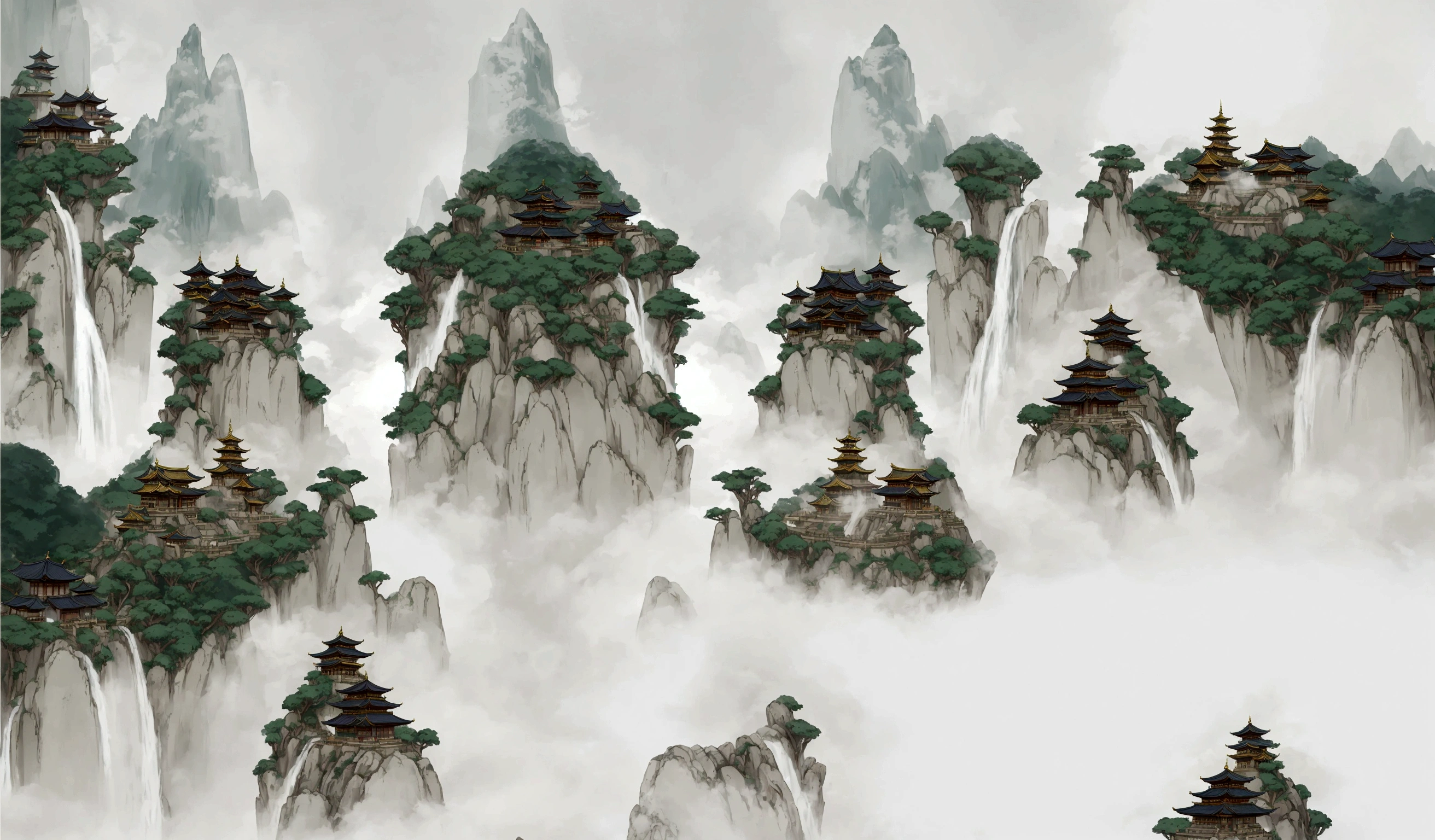 arafed image of a mountain with a pagoda and a waterfall, floating lands in-clouds, onmyoji detailed art, floating mountains, temple background, zen temple background, dojo on a mountain, anime scenery concept art, ancient city landscape, avatar landscape, background art, pagodas on hills, anime landscape, legend of korra setting