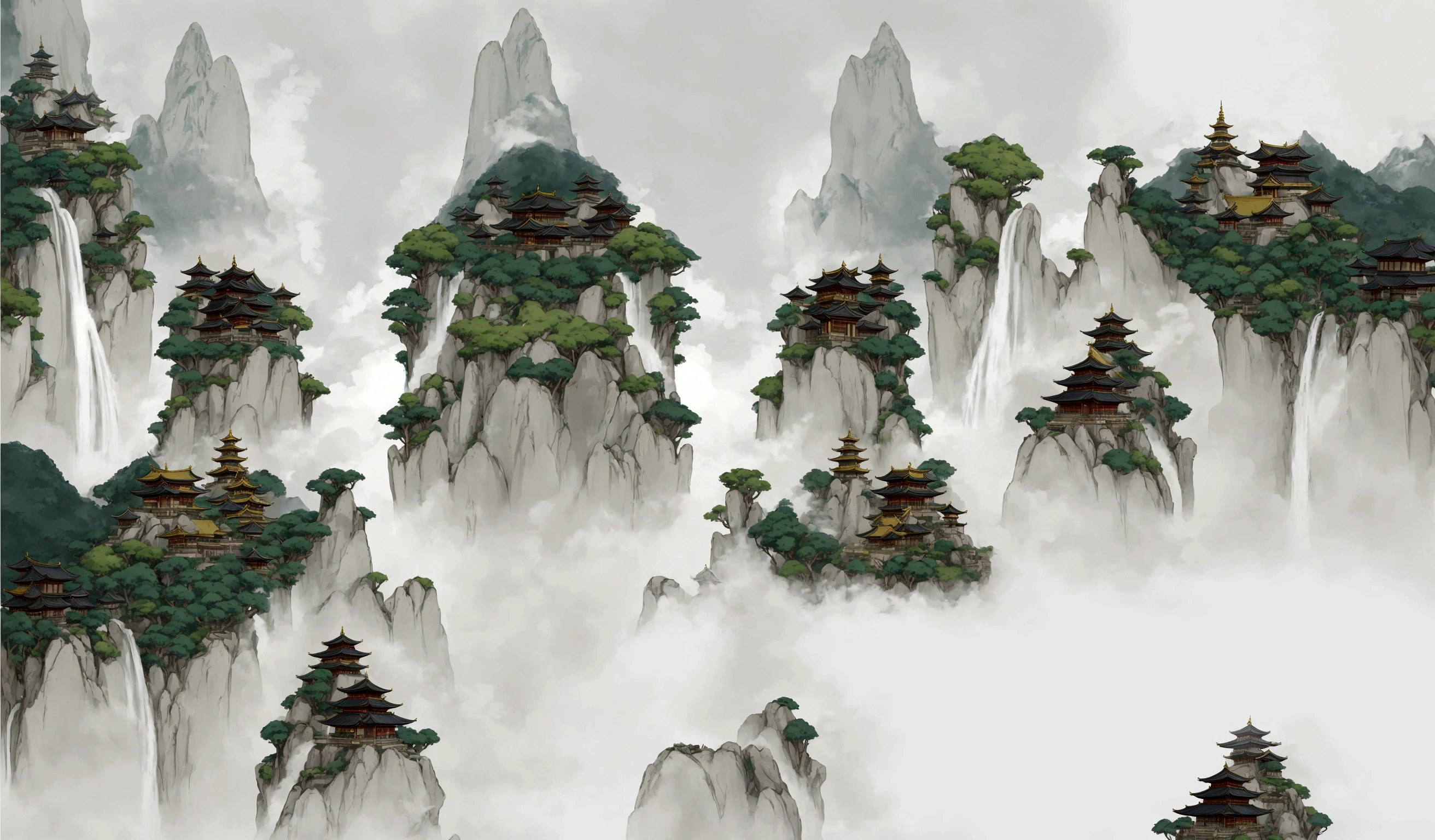 arafed image of a mountain with a pagoda and a waterfall, floating lands in-clouds, onmyoji detailed art, floating mountains, temple background, zen temple background, dojo on a mountain, anime scenery concept art, ancient city landscape, avatar landscape, background art, pagodas on hills, anime landscape, legend of korra setting
