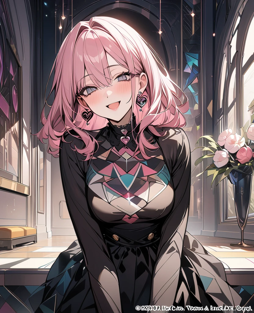 ,Beautiful flowers々）,moles under the eyes, heart shaped choker, (masterpiece, best quality), official art, beautiful and aesthetic: 1.2), (1 girl), very detailed, (geometric art: 1.3), fancy、pink bob hair、spider earrings、 whole body、laugh