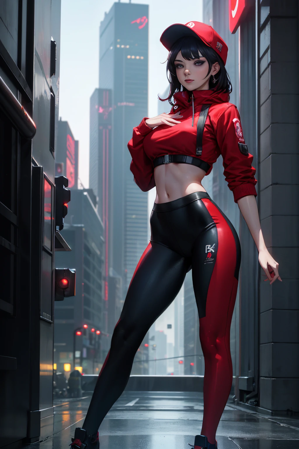 plano general, whole body, ((1 beautiful young woman, elegant, sensual:1.6)), (high resolution:1.2),ultra detailed, realist, sharp focus,showy,4k,8k, HD. Masterpiece, hiper realist, hyper detailed,With red hat, red camouflage, red sweatshirt, blue leggings, broad, by white:1.5, modern haircut:1.4, nasolabial , standing, half, (reality: 1.5), cyberpunk, Neon city, Neon, 3D, cgi, volumetric ray, white sclera, blue eyes,