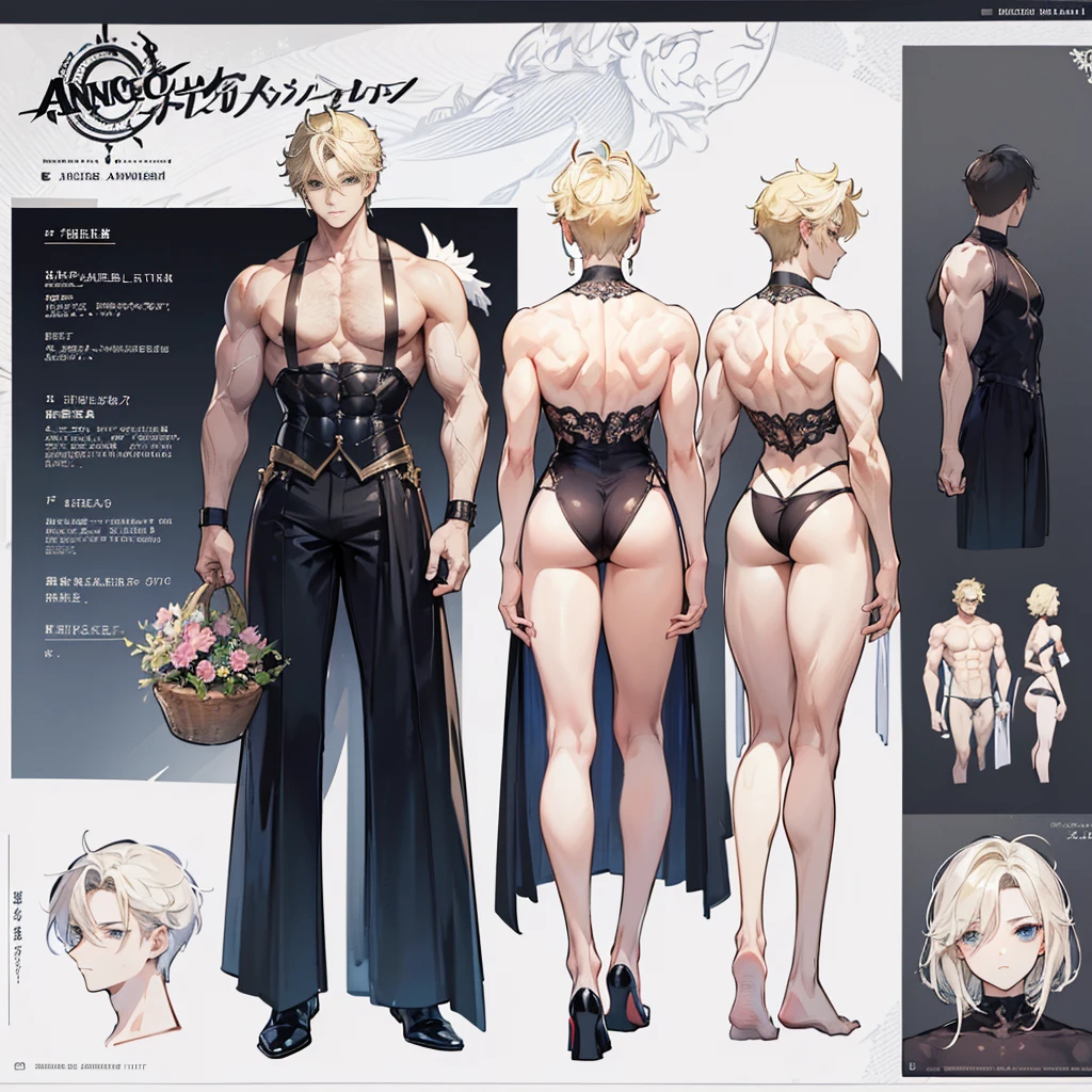 (Masterpiece, best quality), detailed, 1 man, ((character concept art)), ((character design sheet, same character, front, side, back)), full body, body complete, 1 Male angel, 1 Man angel, Detailed face, character design sheet，full bodyesbian, Highly detailed, character sheet, character design, Many parts, dark skin, angel wings, short blonde hair, angel outfit, muscle male god, male clothes, masculine, muscle man, male muscle, manly, male angel, Muscle male with short blonde hair，beautiful man, beautiful muscle man, abs, pectoral muscle