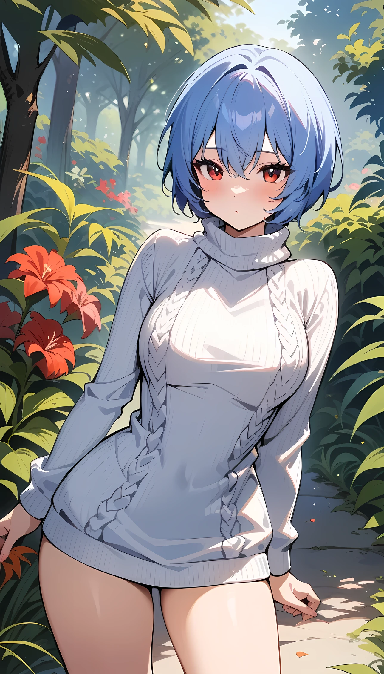 masterpiece, best quality, very aesthetic, absurdres, newest,1girl,white_sweater, virgin-killing_sweater, cowboy_shot,,Ayanami Rei, short hair,blue hair, red eyes,,front view,in a botanical garden