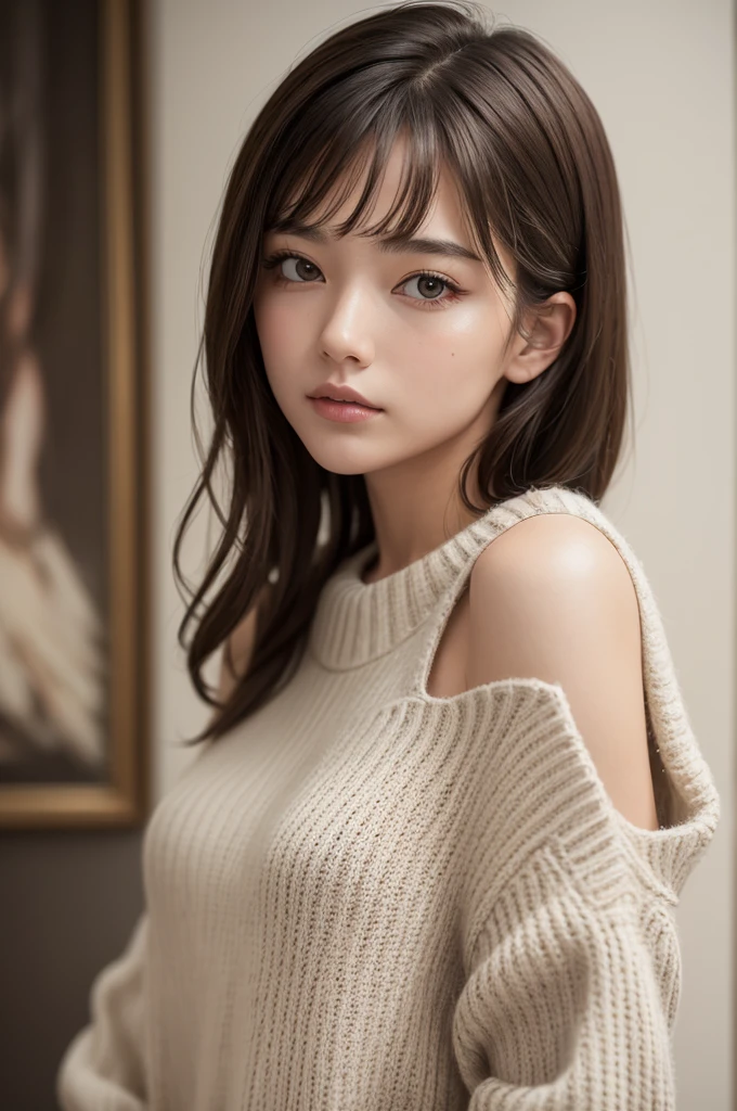 ((best qualityer)), ((work of art)), (detailded), 1 girl, shoulder to shoulder sweater,