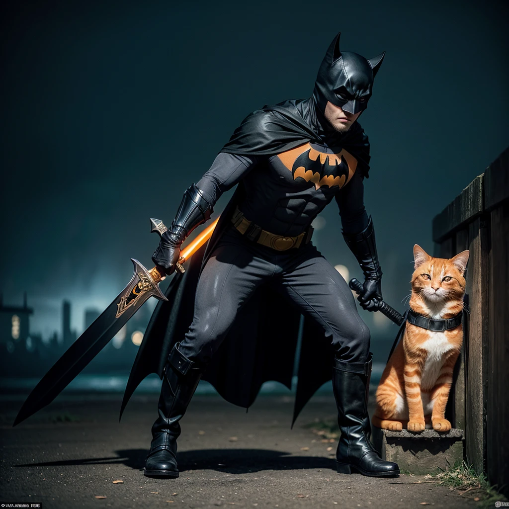 Spawns an orange cat, dressed as batman, with hat, boots and sword