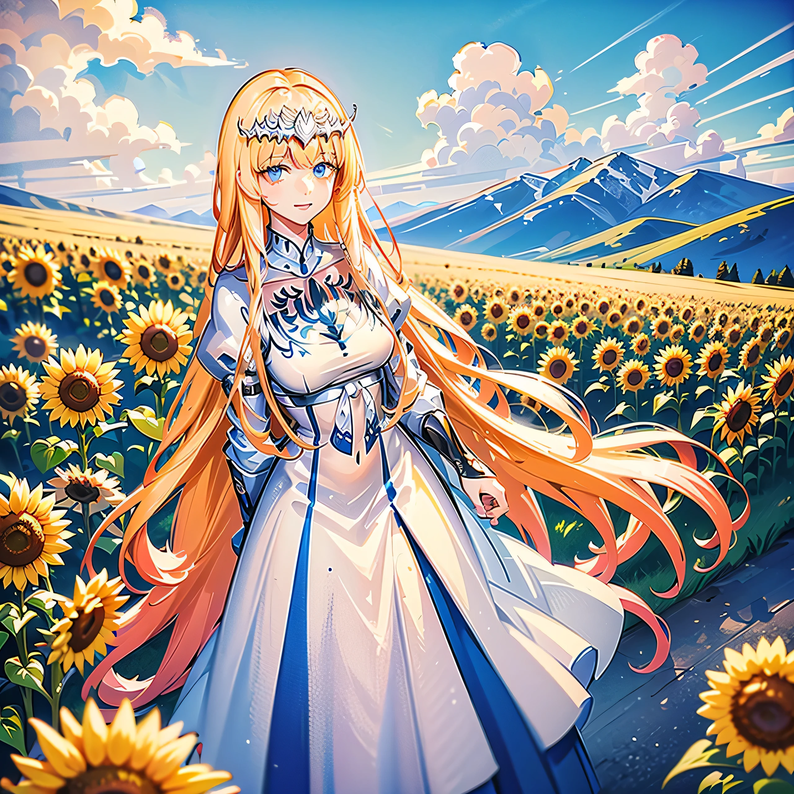 tmasterpiece， high high quality， cinematic Film still from，one-girl，Sunflowers are worn Clouds，（oil painted：1.3）， brightly， cheerfulness， intriguing， gentlesoftlighting，, 1girl, solo, Calca, Calca Bessarez, blonde hair, (extremely long hair:1.3), very long hair, (white tiara:1.3), white dress, blue eyes, medium chest,mature female, 25 years old