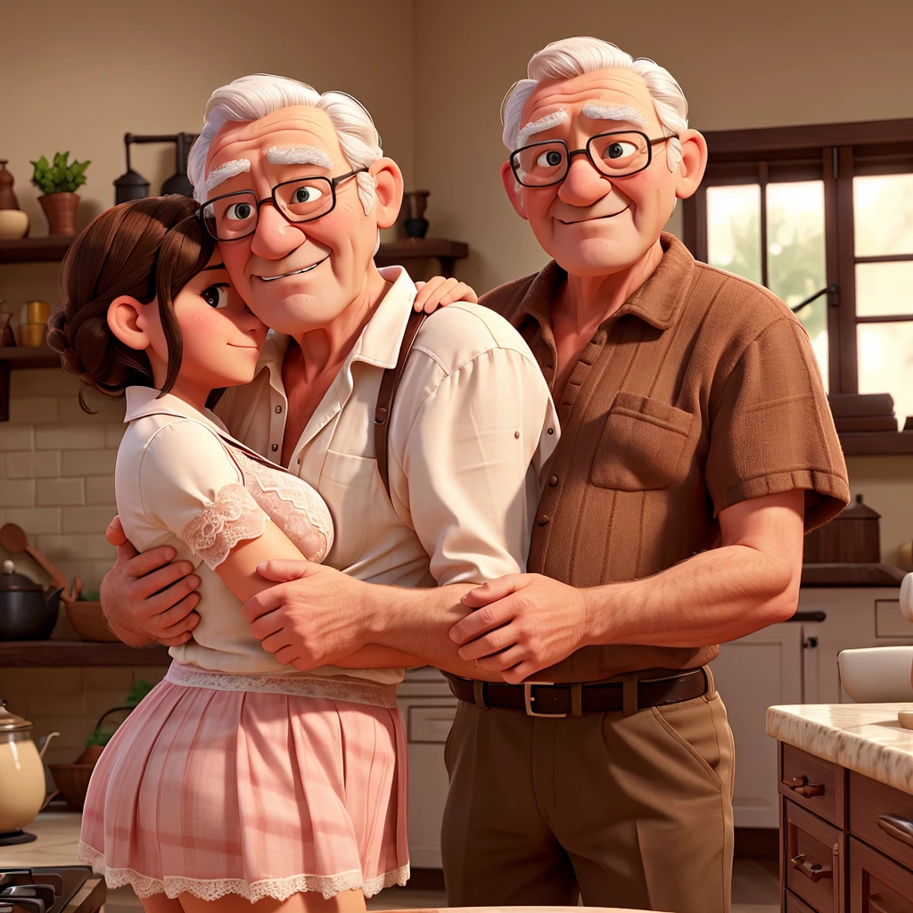 Grandfather hugging his huge breasted granddaughter in lace bra in the kitchen