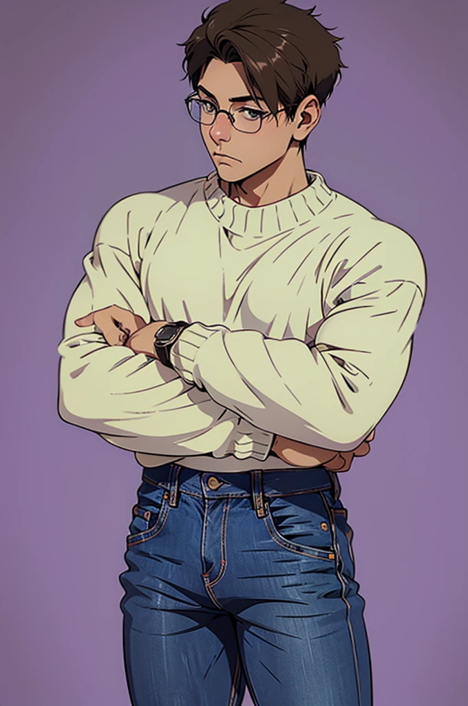 (best quality) (detail), 1 guy, soft guy, sweater, glasses, jeans, short hair, photography, pose.