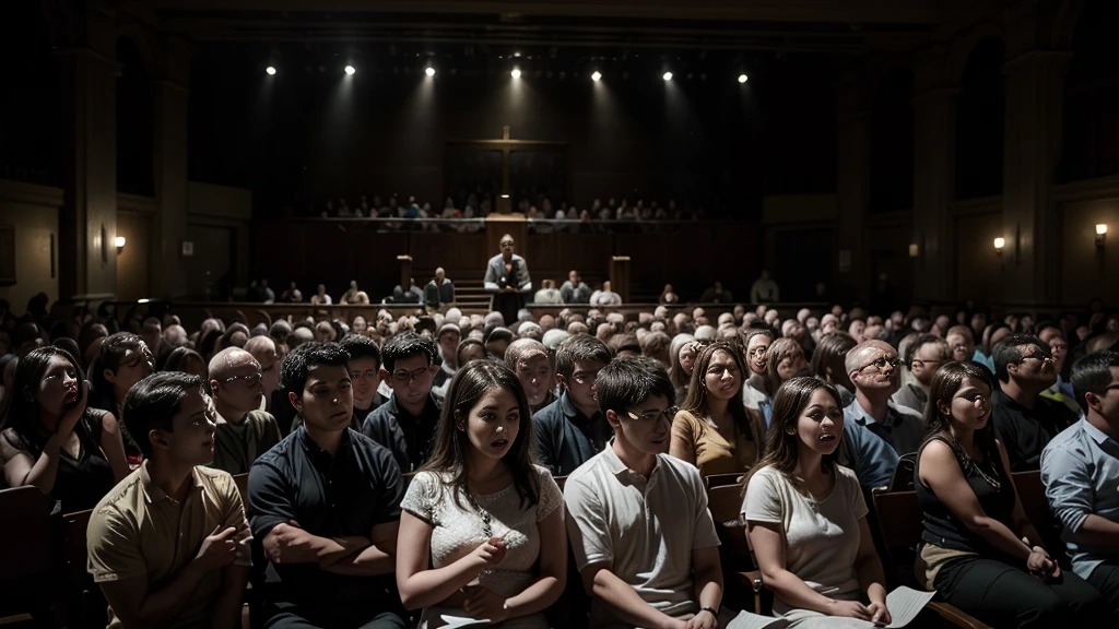 A congregation sitting passively in a dimly lit church, watching a performance on stage. The audience's expressions are disengaged, as they appear more like spectators at a concert than active participants in worship. The atmosphere is one of detachment, illustrating the dilution of the central message of worship."