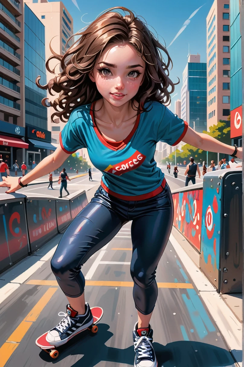 fine art digital painting, modern urban street in a wonderful fantasy metropolis at the beginning of reality, A fearless young skater dominates the street skate park with her skill and style. posing fror a picture, The fisheye lens perspective captures the entire scene in an immersive and dynamic way. She has dark brown, curly hair, Olhos castanhos expressivos, captivating smile and a confident posture. Her skin is light brown and she wears comfortable sportswear in shades of blue., white and red, como camisetas, Pants & Sneakers.