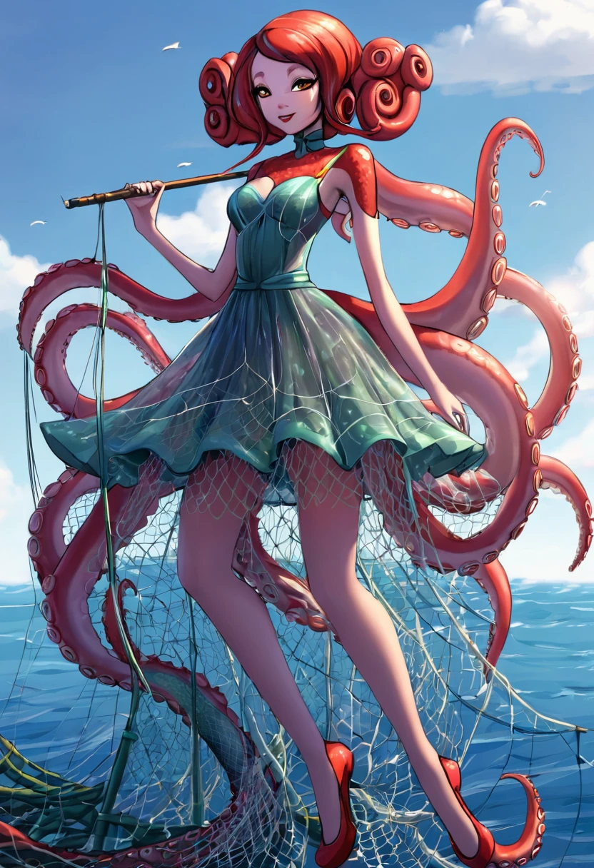 Octogirl, a beautiful Octopus women hybrid. Long limbs, Tentacles for hair. wearing a dress made of fishing nets.