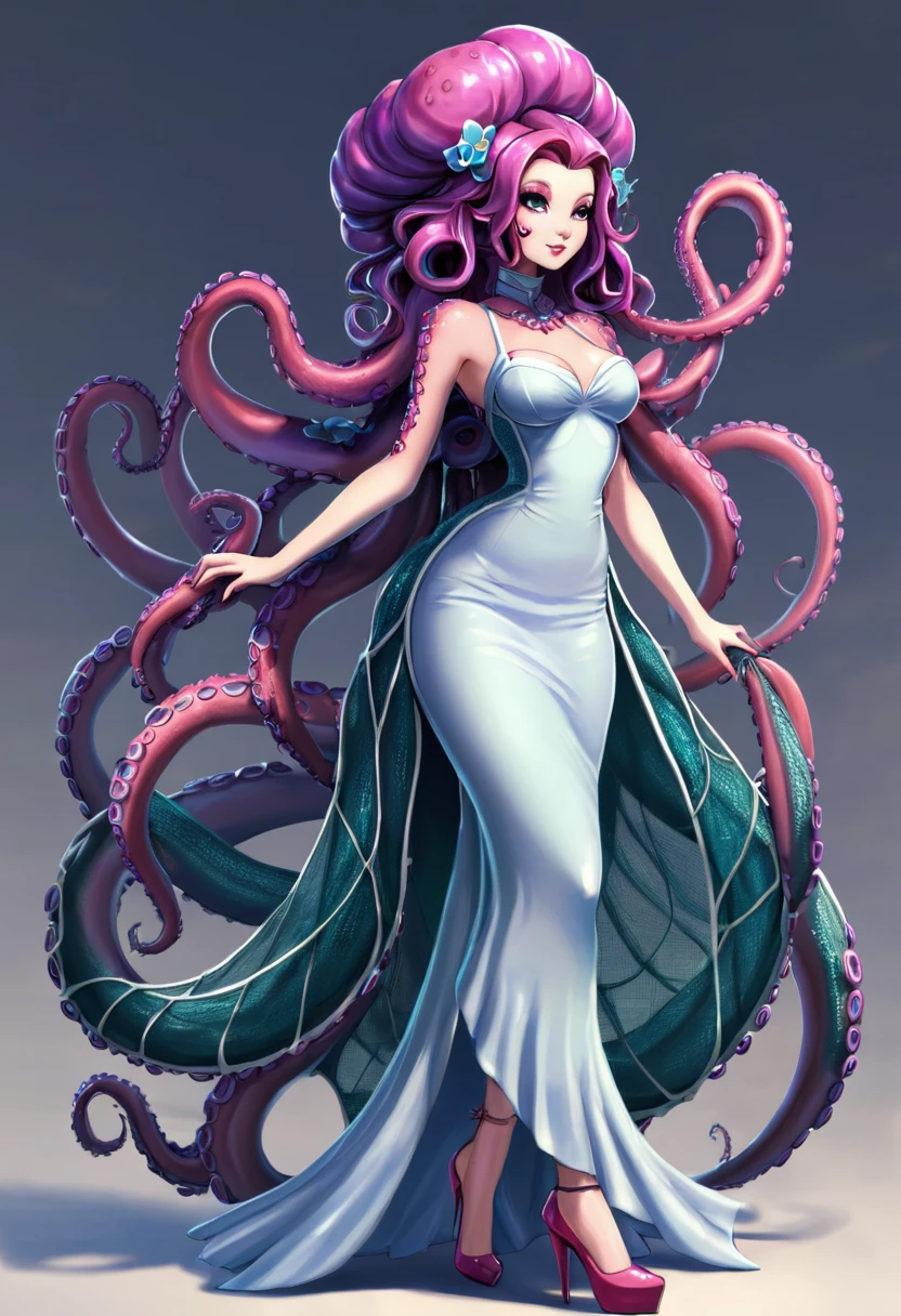 Octogirl, a beautiful Octopus women hybrid. Long limbs, Tentacles for hair. wearing a dress made of fishing nets.