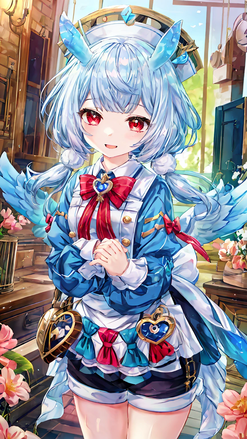 One girl, Shigewin \(Genshin Impact\), alone, Low twin tails, Animal ears, Red eyes, 青い髪 break 白い手袋, Red bow tie, Nurse cap, Princess Dress, White apron, Heart-shaped bag, Black shorts, 白いパンスト break エプロンの青いリボン, green shirt, Heart-shaped bag, white collar, Collared shirt, White waist ribbon, White Wings, Mini Wing, エプロンボウ break 視聴者を見る, 被写界深度 break looking at viewer, (Cowboy Shot:1.5), smile,下から構figure, Thighs, sexy, break (masterpiece:1.2), Highest quality, High resolution, unity 8k wallpaper, (figure:0.8), (美しいFine grain:1.6), Highly detailed face, Perfect lighting, Highly detailed CG, (Perfect hands, Perfect Anatomy) break ((masterpiece,Highest quality)), Super detailed, Shine, Shine光, Ray Tracing, (Perfect Face, Detailed face, Fine grain, Perfect hands, Perfect Fingers:1.5), HD, Super cute face, Highest quality, Super detailed break Shine目, (Highest qualityの写実的なイラスト), (Super fine), (Cute illustrations:1.3), (High chroma:1.3), Beautiful detailed face and eyes, Dynamic lighting, (Very delicate and beautiful) break (Nice hands), (Perfect hands:1.4), Highly detailed illustration, Super cute and beautiful, Highest quality, slender, ,Baby Face, break 病院, Medical equipment, (Cute Background, There are many elements in the background:1.2),((Super detailedな背景)), ((8K wallpaper))