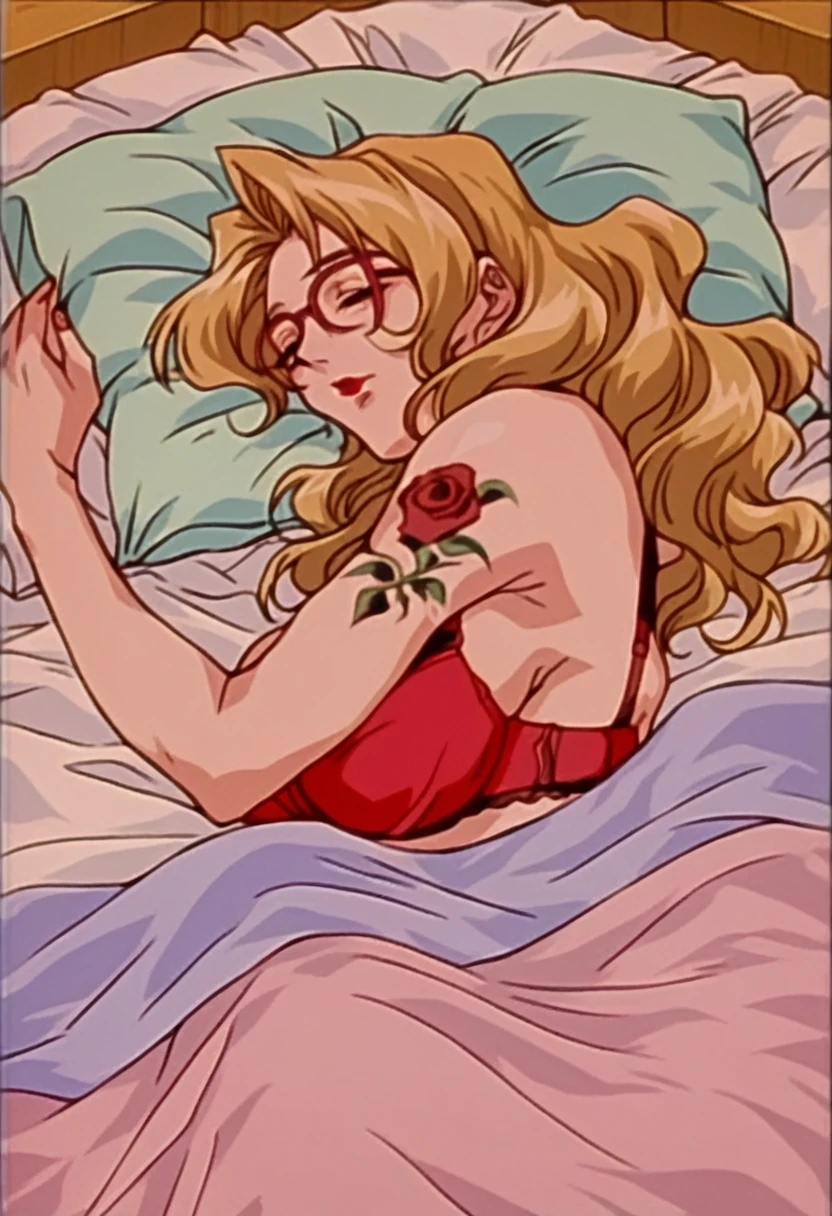 rating_explicit, beautyful mature woman, Shion Karanomori based, blonde wavy hair, encorped body, red glasses, red lipstick, red bra, roses tattoo, milf, bed, blanket, sleeping, holding pillow