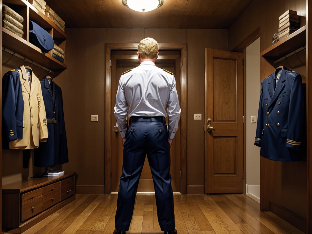 A handsome blond guy, ************, looks at the ceremonial officer's uniform of a "Navy Seal" with awards, which hangs on a suit hanger standing on the floor, and engages in masturbation. Watching him from behind is a naked, blond, muscular Navy SEAL officer, 35 years old, handsome and arrogant. The officer has a big dick, an erection, and a boner.