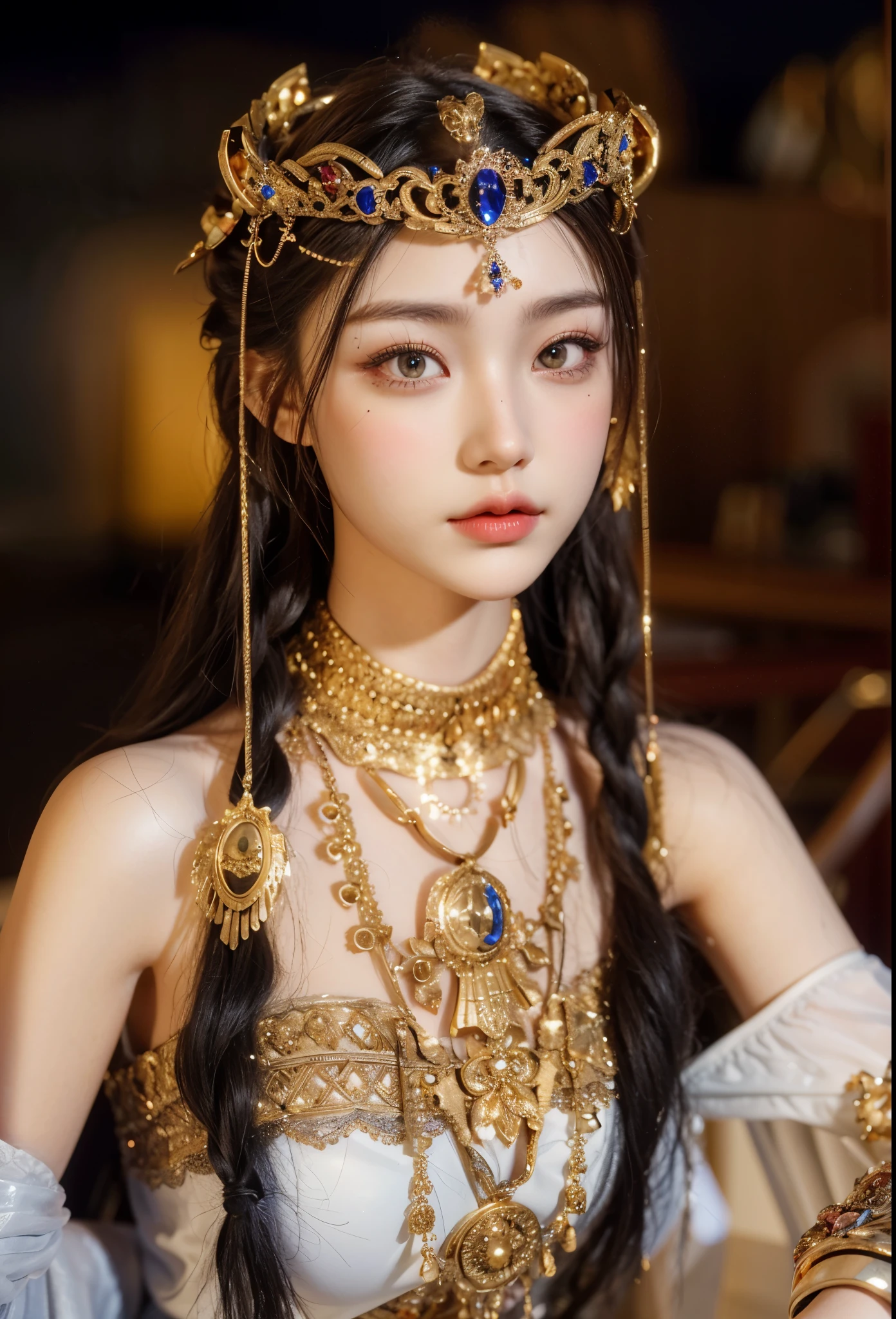 Game Art,CG Animation,Best image quality,Maximum resolution,8K picture quality,(A bust photo),(portrait),(Head close-up),(Rule of Thirds),Unreal Engine 5 rendering works,20 year old girl,((Queen)),The eyes are very detailed,(Large Breasts),Elegance and nobility,Ray Tracing,Game CG,((3D Unreal Engine)),OC rendering reflection mode,4K,Ultra-clear,Translucent lace,Fair and plump figure,Pretty Face,Glossy Gel Coat,身着华贵礼服的Queen,Gorgeous clothing,Luxurious and exquisite jewelry,Colorful makeup,Full figure,Dark red lipstick,精致Gorgeous clothing,Cleopatra,Gold Jewelry