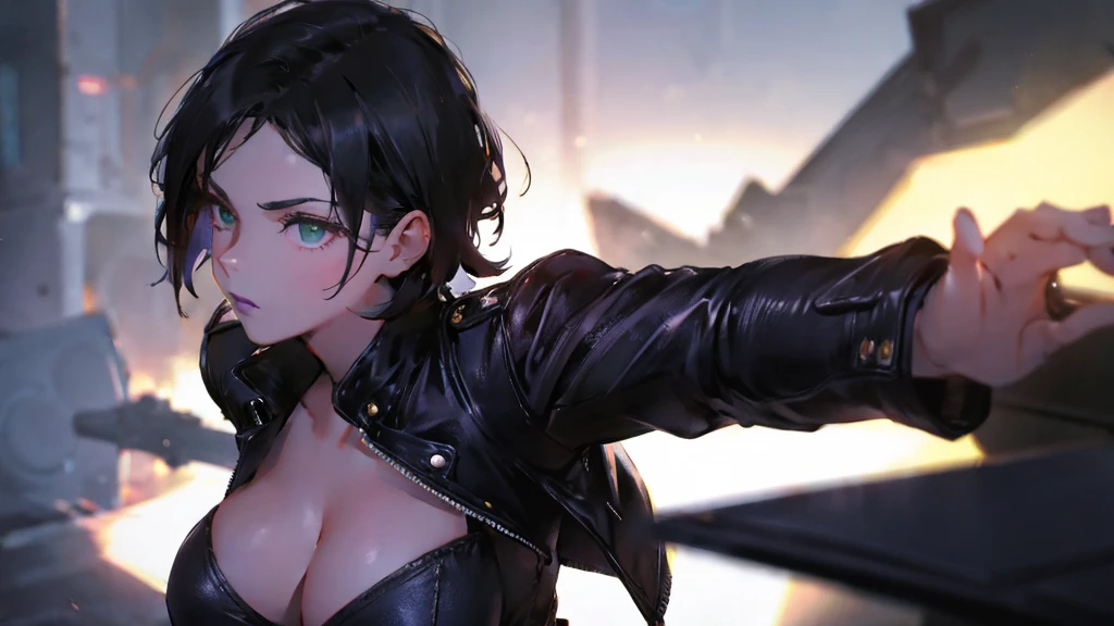 ground shot angle of 1girl, very short black hair, green eyes, dark eyelushes, purple lipstick, black leather jackets and jeans shorts, iper-realistic, masterpiece, cinematic lighting, best quality, anatomically perfect