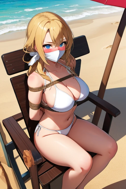 1 girl, detailed blue eyes, lange wimpern, detailed beautiful face, 4k quality, a Bit curly hair, (Long blonde hair:1.4), (arms behind back:1.6), gefesselte Arme, Red rope, (blushing:1.3), (Big breasts:1.6), (white Bikini, höschen mit seiten schnürung, 18 jears old:1.6), OTN, Gag, gagged, shibari, bondage, nah aufnahmen, Front view, on a beach, looking at the viewer, sitting in a beach chair