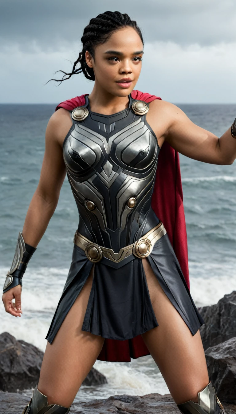 ((masterpiece)), (best quality), perfect anatomy, highres, detailed, (8k), photorealistic, best quality, ultra highres, ((detailed face)), a Realistic full body portrait of Tessa Thompson as Thor God Of Thunder in the iconic outfit from the Avengers Movies and MCU The costume depicted in the image is a meticulously crafted suit of armor, predominantly silver with black detailing. It features: Chest Plate: Embellished with circular, Norse-inspired motifs. Shoulder Armor: Layered metal pieces symbolize strength. Arm Coverage: Chainmail textures suggest flexibility and defense. Cape: A flowing red cape adds a majestic element. , wielding the mighty hammer above her head in a raging thunder storm waves crashing against the rocks in the background