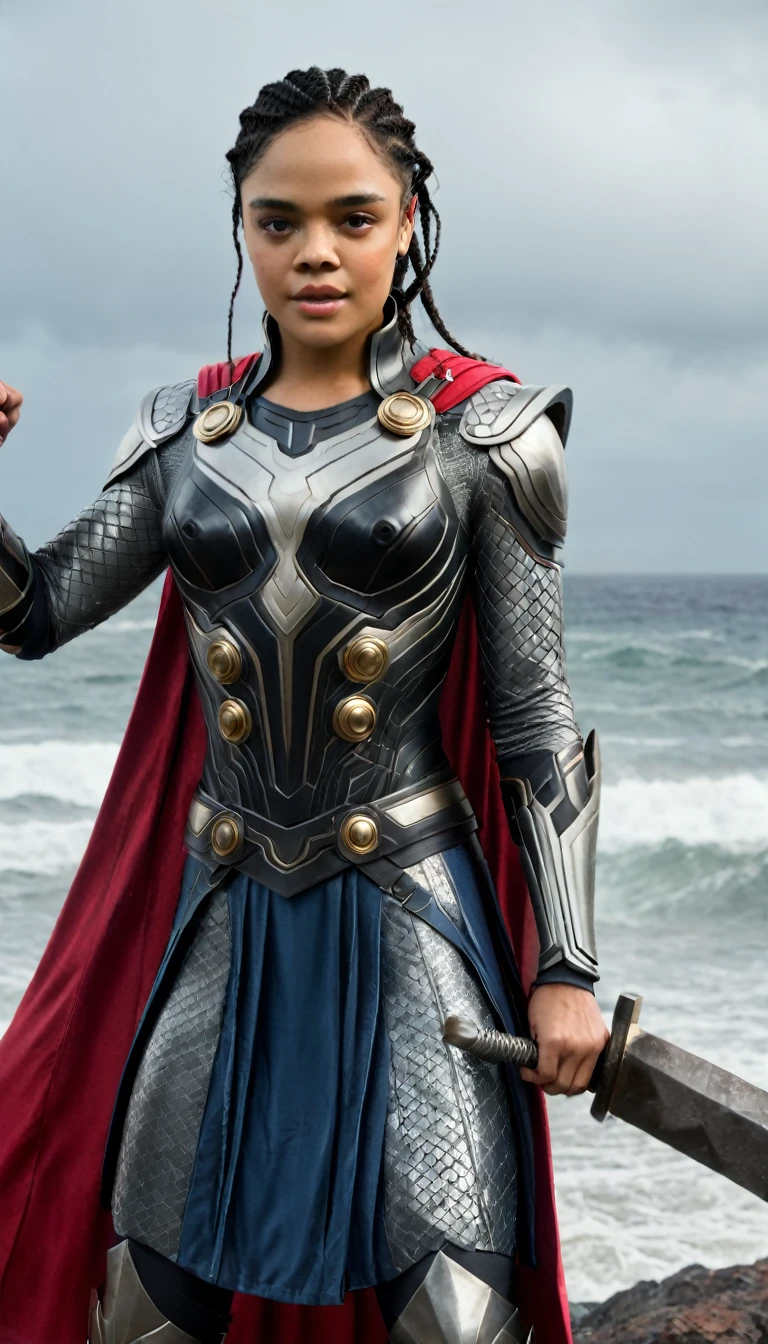 ((masterpiece)), (best quality), perfect anatomy, highres, detailed, (8k), photorealistic, best quality, ultra highres, ((detailed face)), a Realistic full body portrait of Tessa Thompson as Thor God Of Thunder in the iconic outfit from the Avengers Movies and MCU The costume depicted in the image is a meticulously crafted suit of armor, predominantly silver with black detailing. It features: Chest Plate: Embellished with circular, Norse-inspired motifs. Shoulder Armor: Layered metal pieces symbolize strength. Arm Coverage: Chainmail textures suggest flexibility and defense. Cape: A flowing red cape adds a majestic element. , wielding the mighty hammer above her head in a raging thunder storm waves crashing against the rocks in the background