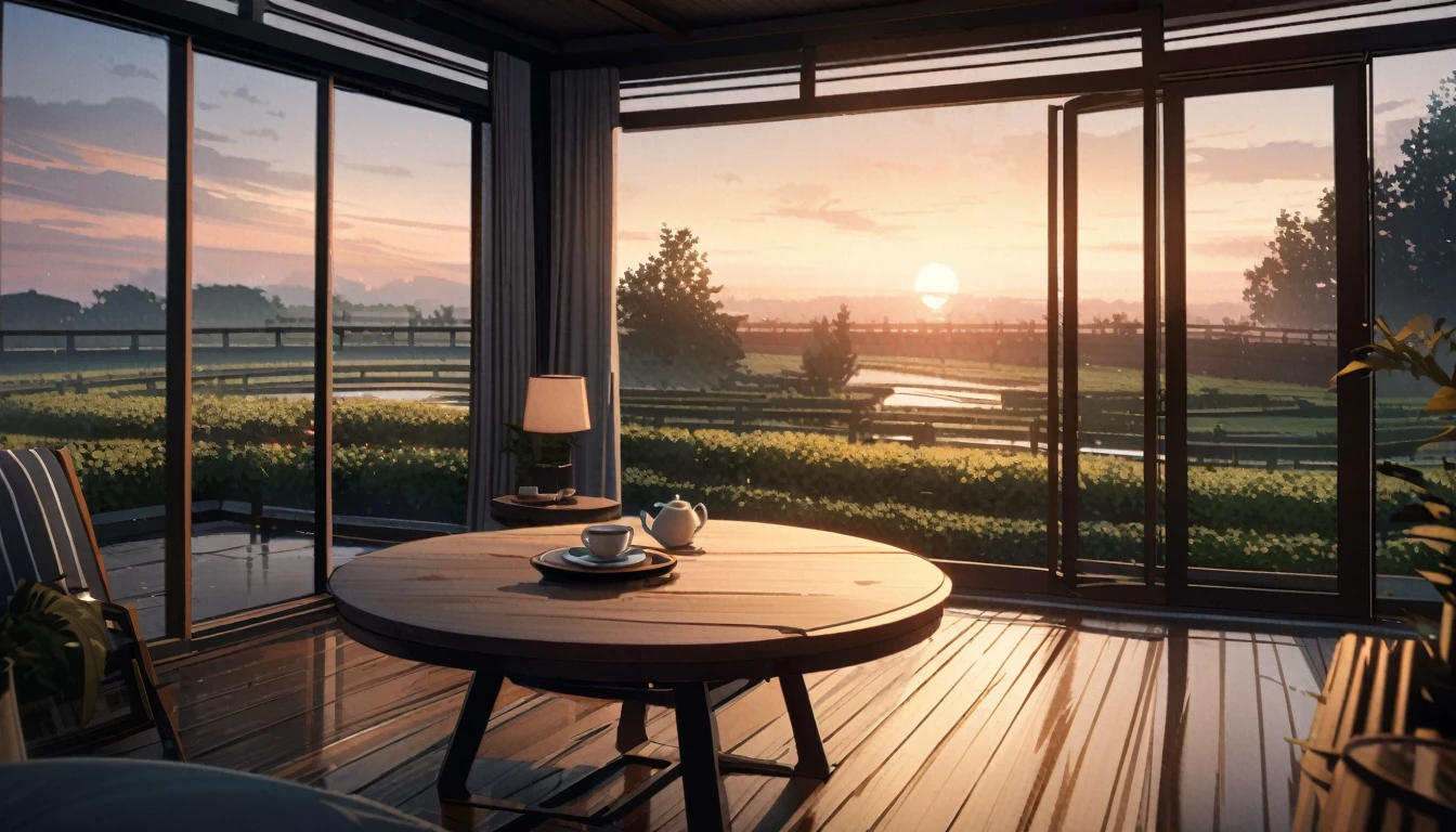 anime aestetics, dusk inside of a summer house, a round table, two cups of tea on the table, dim light, calm atmosphere, sad atmosphere, beautiful architecture, a beautifl apple garden on the background, perspective, atmospheric perspective, wide shot, highres, 8k, award winning, best quality, highres, super detail, masterpiece, UHD