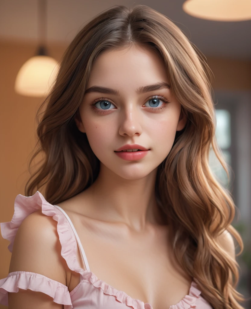 a young european woman, beautiful detailed eyes, beautiful detailed lips, extremely detailed eyes and face, long eyelashes, wavy hair,  happy sensual expression, wearing ruffled shoulder top, slitted skirt, pastel colored outfit, standing in bedroom, facing viewer, (best quality,4k,8k,highres,masterpiece:1.2),ultra-detailed,(realistic,photorealistic,photo-realistic:1.37),HDR,UHD,studio lighting,ultra-fine painting,sharp focus,physically-based rendering,extreme detail description,professional,vivid colors,bokeh,portrait, icecream Cup 