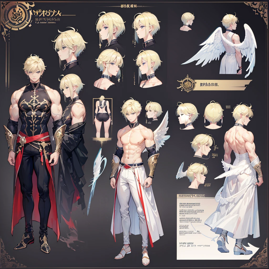 (Masterpiece, best quality), detailed, 1 man, ((character concept art)), ((character design sheet, same character, front, side, back)), full body, body complete, 1 Male angel, 1 Man angel, Detailed face, character design sheet,full bodyesbian, Highly detailed, character sheet, character design, Many parts, dark skin, angel wings, short blonde hair, angel outfit, muscle male god, male clothes, masculine, muscle man, male muscle, manly, male angel, Muscle male with short blonde hair,beautiful man, beautiful muscle man, abs