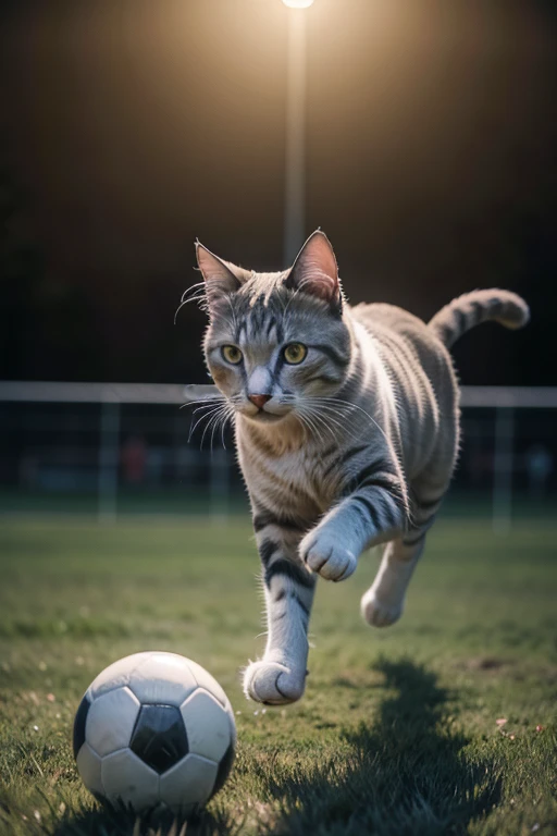 CAT Playing soccer Ball, cinematic lighting, cowboy shot, UHD, accurate, super detail, high quality, highres, 8k