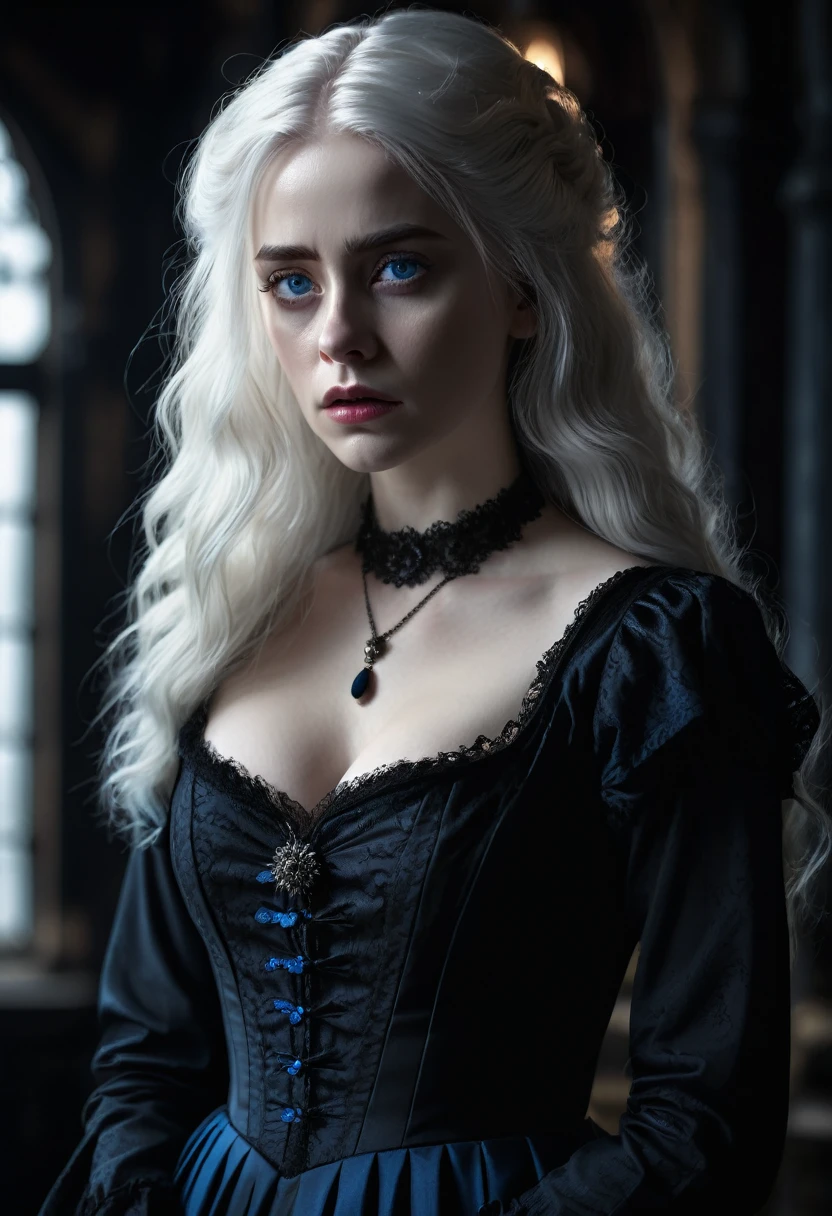 a pale woman with long white hair and blue eyes, sad expression, wearing a black Victorian dress with a low neckline and long breasts, in a dark horror environment, detailed face, (best quality,4k,8k,highres,masterpiece:1.2),ultra-detailed,(realistic,photorealistic,photo-realistic:1.37),chiaroscuro lighting,dark atmosphere,dramatic lighting,cinematic composition,moody,gothic,dramatic